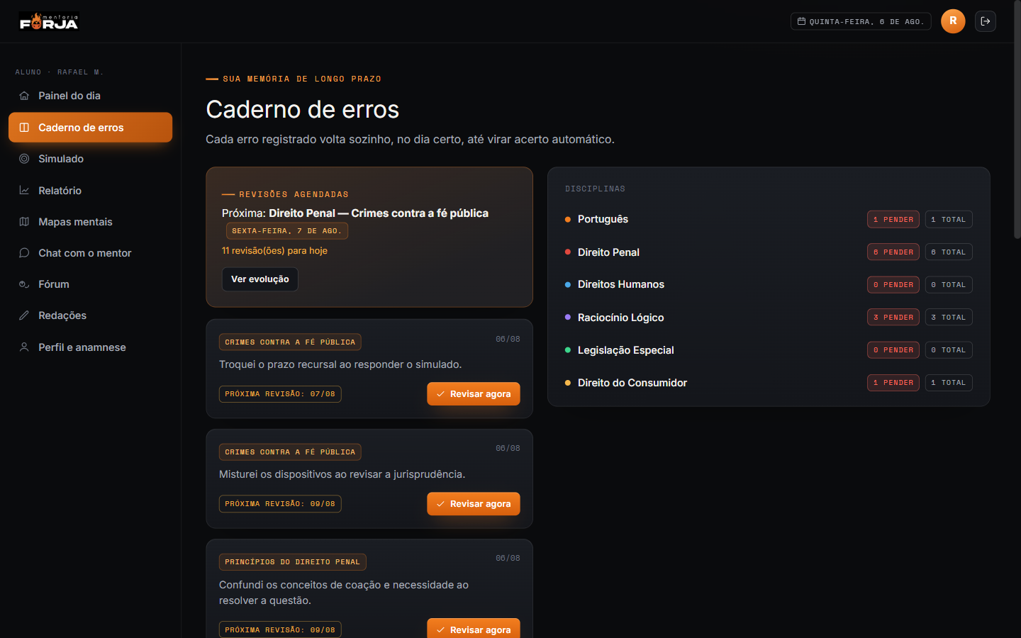 Caderno de erros com revisão agendada